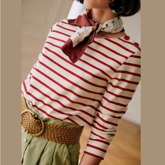 Sezane Tops - Sezane Blouse Colette Mariniere 3/4 Sleeve Shoulder Button Ecru Burgundy Striped